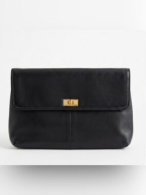 J.Crew Black Leather Turnlock Oversized Clutch Bag